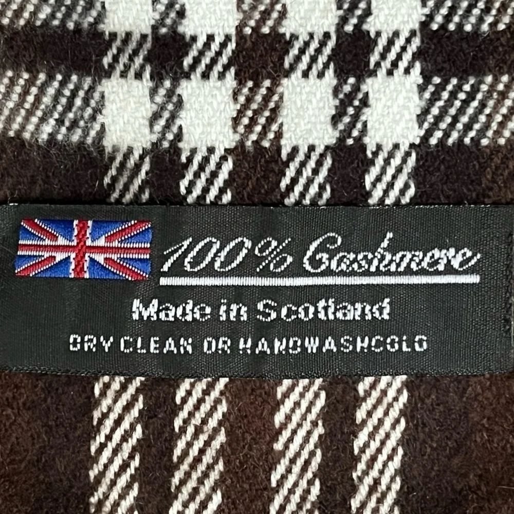Cashmere 100% Made In Scotland Brown White Plaid Fringe Scarf Unisex One Size
